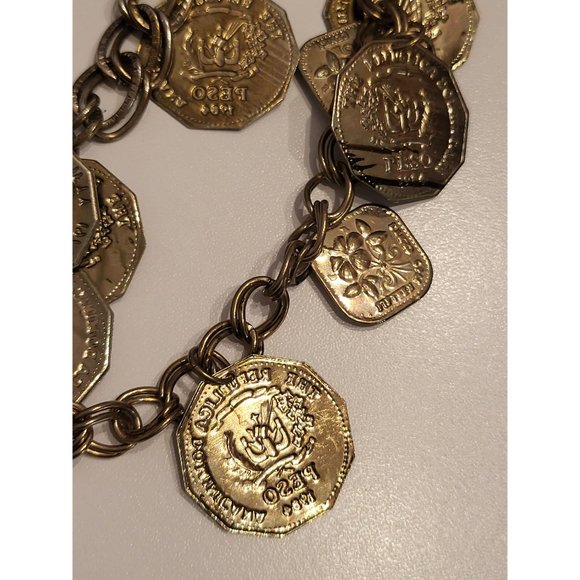 Vintage Multichain Brass Necklace DOMINICAN REPUBLIC JAMAICA coins collectible - Picture 3 of 9